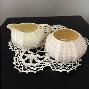 Vintage Belleck Ireland Tridacna Yellow Creamer & Sugar Bowl - Gently Used